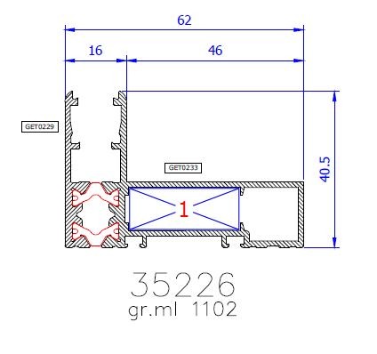 35226  – HP SLICK 62 – Telaio montante monobinario taglio a 45° per anta 35 mm